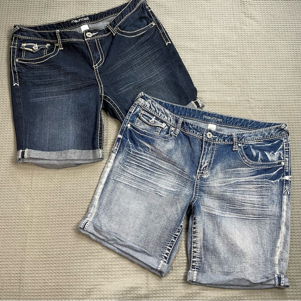 Maurices Cuffed Denim Jean Shorts 13/14 Womens Set Of 2 Thick Stitch Stretch